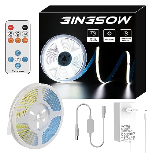 GINGSOW COB LED Streifen Kaltes Weiß 6000K mit RF Fernbedienung und Netzteil,LED Band 5m Dimmbar 24V Flexibel LED Strip Lights set CRI90+ Hell Unterbauleuchte für Home DIY Dekoration,Timerfunktion von GINGSOW