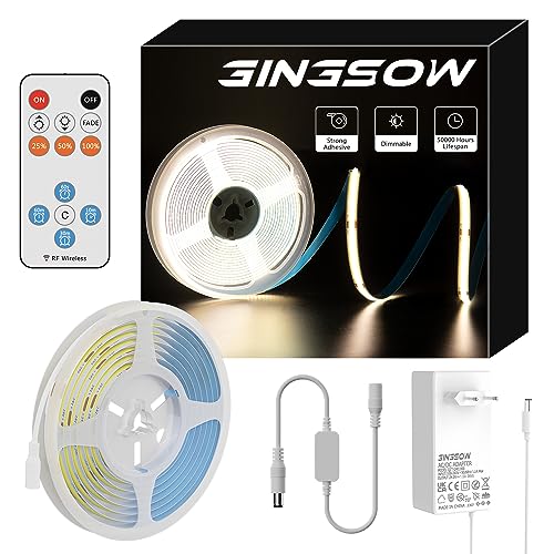 GINGSOW COB LED Streifen Naturweiß 4000K mit RF Fernbedienung und Netzteil,LED Band 5m Dimmbar 24V Flexibel LED Strip Lights set CRI90+ Hell Unterbauleuchte für Home DIY Dekoration,Timerfunktion von GINGSOW