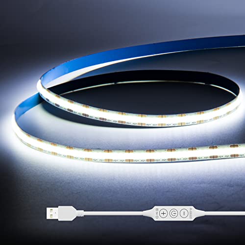 GINGSOW USB COB LED Streifen 5V 1M Kaltes Weiß 6000K,320LEDs Dimmbar COB LED Strip Lights CRI90+ TV Hintergrundbeleuchtung,Flexibel LED Band Unterbodenleuchte für Küche,Zuhause DIY Beleuchtung von GINGSOW