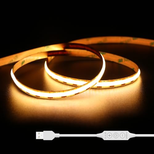 GINGSOW USB COB LED Streifen 5V Warmweiss 2700K 3M,320LEDs/M Dimmbar COB LED Strip Lights CRI80+ TV Hintergrundbeleuchtung,Flexibel LED Band Unterbodenleuchte für Küche,Zuhause DIY Beleuchtung von GINGSOW