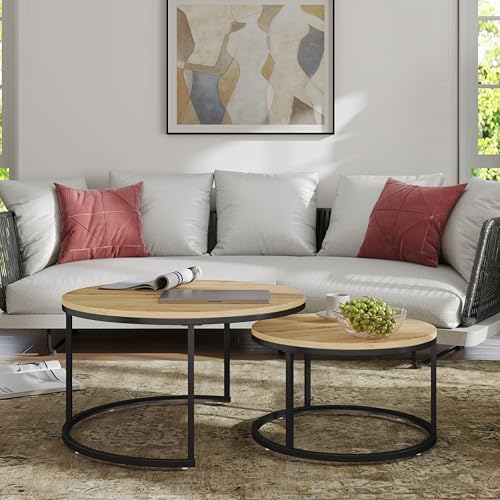 Ginhow 2er Set Runde Couchtische, Wohnzimmertisch Holz, Tische für Wohnzimmer, Metallbein Moderne Tisch Couch, Ø80*45 + Ø60*35 cm (Schwarz + Hellbraun) von Ginhow