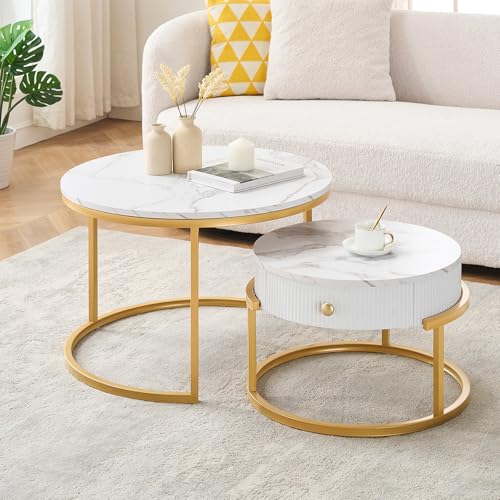 Ginhow 2er-Set Runder Couchtisch mit Schublade, weiß mit Marmoroptik aus MDF für Wohnzimmer - Moderner Beistelltisch mit Goldrahmen, Rundwohnzimmertisch, Maße Ø70xH45cm und Ø50cmxH35cm von Ginhow