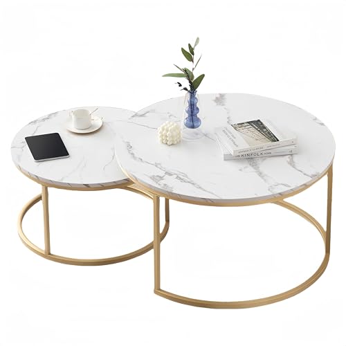 Ginhow Marmor Optik Couchtisch Runder Goldrahem - 2er Set Satztisch, Modern Wohnzimmertisch und Beistelltisch für Wohnzimmer, Ø80x45H cm & Ø60 x35H cm (Weiß und Gold) von Ginhow