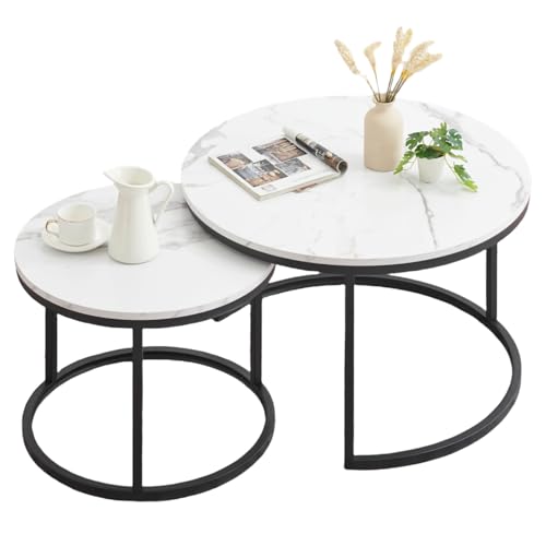 Ginhow Marmor Optik Couchtisch Runder Schwarz - 2er Set Satztisch, Modern Wohnzimmertisch und Beistelltisch für Wohnzimmer, Ø870x45H cm & Ф50 x35H cm (Weiß und Schwarz) von Ginhow