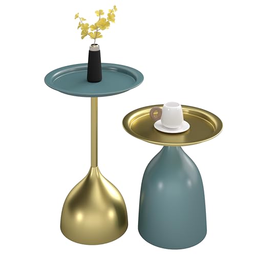 Ginhow Couchtisch 2er Set, Blau und Gold Tisch Wohnzimmer | Wohnzimmertisch Rund – Modernes Design | Couchtisch Klein Metall mit Tischkante (Ф40 x 60H cm & Ф40 x 42H von Ginhow