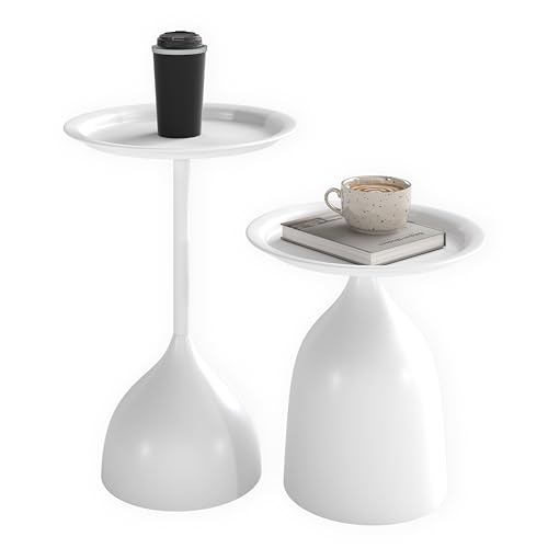 Ginhow Couchtisch 2er Set, Kleiner Runder Wohnzimmertisch Weiß – Modernes Design | Couchtisch Weiß Metall mit Tischkante | Coffee Table (Ф40 x 60H cm & Ф40 x 42H cm) von Ginhow