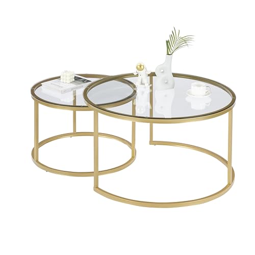 Ginhow Couchtisch Glas 2er Set Satztische fürs Wohnzimmer ø 80 Groß + ø 60 klein Tisch Rund Glas und Gold Stahl Gestell Coffee Table von Ginhow