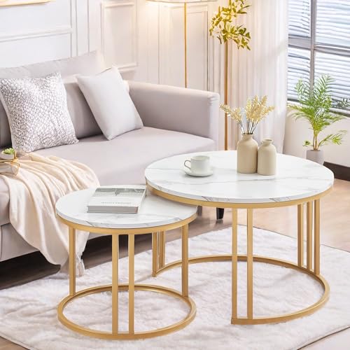 Ginhow Couchtisch Marmor Optik | Couchtisch 2er Set | ø 70 + 50 Groß Satztisch| MDF Sofatisch | Weiß Marmoroptik und 7+4 vertikale Stangenstruktur Goldener Stahl Gestell von Ginhow