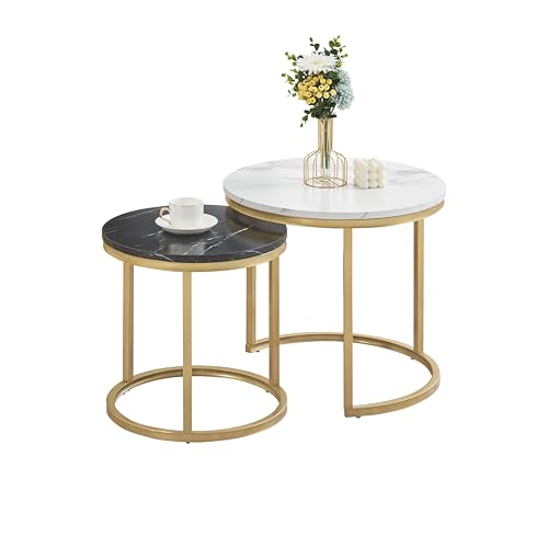 Ginhow Couchtisch Marmor Optik | Satztische fürs Wohnzimmer | ø 60 +ø 40 Groß Tisch Rund | MDF Coffee Table | Weiß + Schwarz Marmoroptik und Gold Stahl Gestell von Ginhow