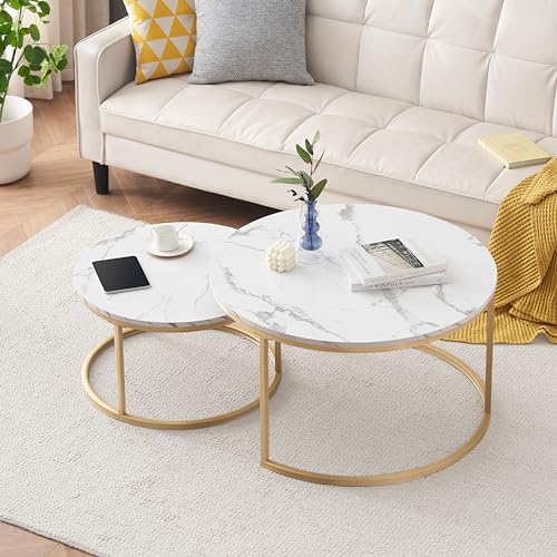 Ginhow Couchtisch Marmor Optik | Satztische fürs Wohnzimmer | ø 80 + 60 Groß Tisch Rund | MDF Coffee Table | Weiß Marmoroptik und Gold Stahl Gestell von Ginhow