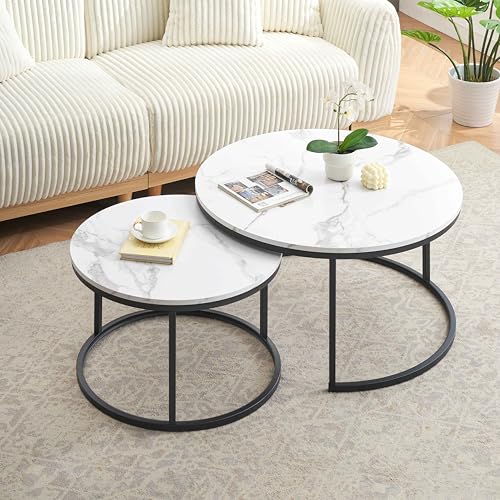 Ginhow Couchtisch Marmor Optik | Satztische fürs Wohnzimmer | ø 80 + 60 Groß Tisch Rund | MDF Coffee Table | Weiß Marmoroptik und Schwarz Stahl Gestell von Ginhow