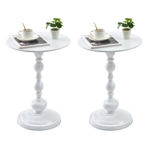 Ginhow Couchtisch Weiß Rund, 2er Set Beistelltisch Weiss Rund für Wohnzimmer, Vintage Sofatisch, Kleiner Beistelltisch Metall, Kreativ Coffee Table (Weiß, 40 x 45cm) von Ginhow