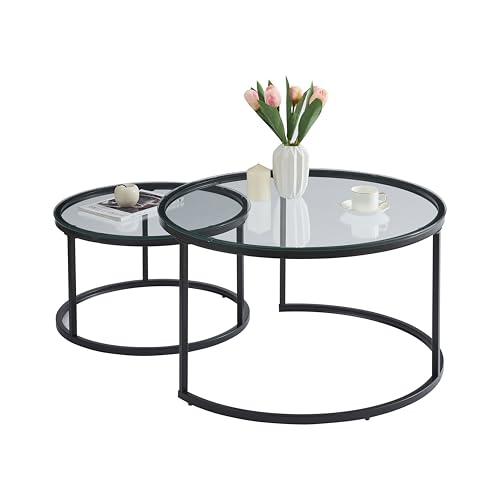 Ginhow Couchtisch Rund Glas mit Metall Schwarz, Runder Glastisch mit Hartglas fürs Wohnzimmer, Wohnzimmertisch Rund Schwarz 2er Set, ø60 Klein & ø80 Groß von Ginhow
