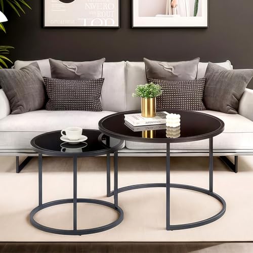 Ginhow Couchtisch Rund mit Glas Schwarz, Glastisch Rund 2er Set, Satztische Modern Schwarz fürs Wohnzimmer, ø70 und ø 50 cm von Ginhow