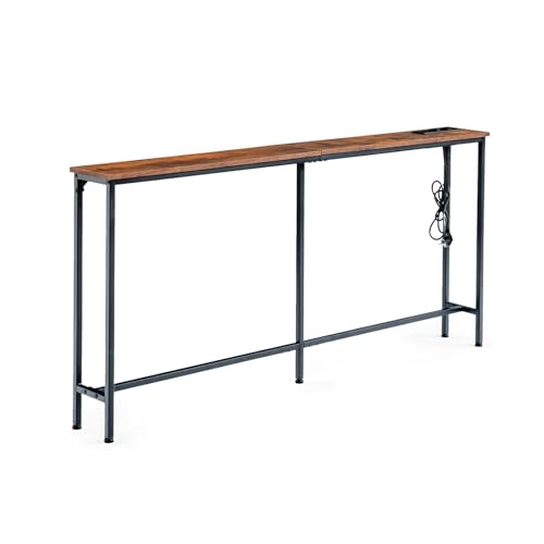 Ginhow Konsolentisch 160cm Breit mit Steckdose fürs Wohnzimmer, Regal Flur Schmal mit 2 USB und 2 Steckdosen, Schmaler Konsolentische in Braun mit Schwarzem Metall, Vintage Console Table 80cm Hoch von Ginhow