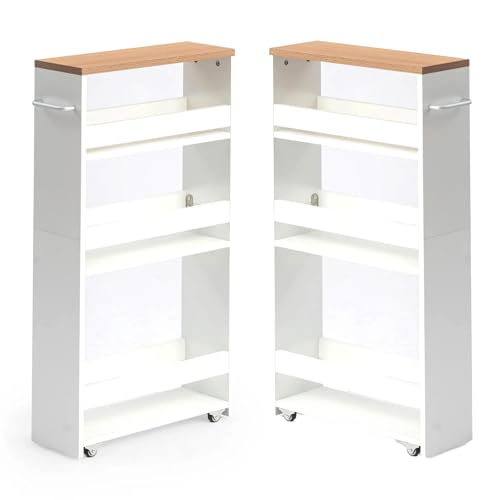 Ginhow Rollwagen Schmal 4 Ebenen 2er Set, Küchenwagen mit Rollen für Küche, Nischenregal Schmal Perfekt für Kleine Räume und Bad, 40x 14x 80CM, Nischenwagen Weiß und Eiche von Ginhow