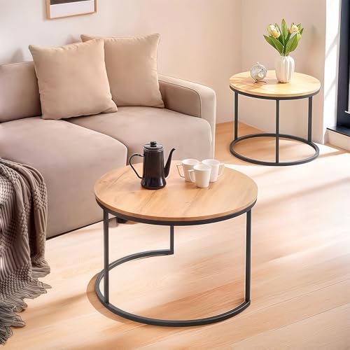 Ginhow Runder Couchtisch Holz, Eiche Couchtisch Rund 2er Set, Großer Sofatisch Ø70CM + Wohnzimmertisch Klein Ø50CM, Perfekt für Wohnzimmer Schlafzimmer Café von Ginhow