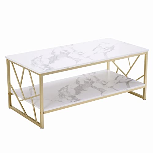 Ginhow Couchtisch 110x50 cm - Weißer Wohnzimmertisch mit Stauraum, MDF Marmoroptik Sofa Tische, Moderner Kaffetisch fürs Wohnzimmer von Ginhow