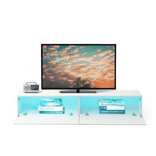 Ginhow TV Schrank Weiss mit LED Beleuchtung, TV Lowboard Weiß Für Wohnzimmer — 180x33x33cm, Viel Stauraum — TV Board mit 2 Türen, Moderner Fernsehtisch, TV Lowboard Hängend von Ginhow