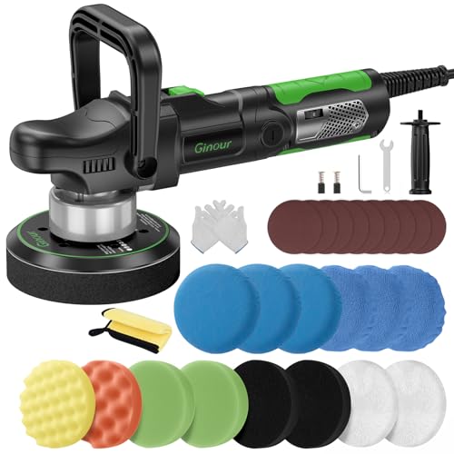 Ginour 1000W Exzenter Poliermaschine für Autoaufbereitung, 6 variable Geschwindigkeiten (2000-6400 OPM), Auto Poliermaschine mit D- und Seitengriff, 150mm/6 Zoll Schleifplatte von Ginour