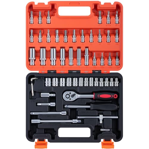 Ginour 53-teiligs Steckschlüsselsatz, 1/4" Steckschlüssel Set with Umschaltbarer Ratschenschlüssel, Flexible Verlängerung, Bits, Kardangelenk, Adapter für Kfz-Reparaturen, Möbelmontage & DIY von Ginour