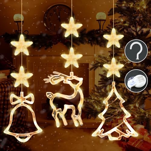 60 LED Sterne Weihnachtsbeleuchtung,Weihnachtsbaum Hirsch Glöckchen 3 Stück LED Saugnapf Weihnachten Lichter für Weihnachtsdeko Innen,Außen Weihnachten Deko,Fensterdeko,Party-Christmas Window Lights von Ginsso