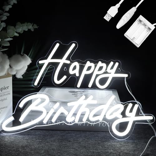 Ginsso Happy Birthday Neon Schild 15,7x11,4 Zoll, Batteriebetrieben, 2 Teile, Cool Weiß, Einstellbare Helligkeit, für Hintergrunddekoration von Ginsso