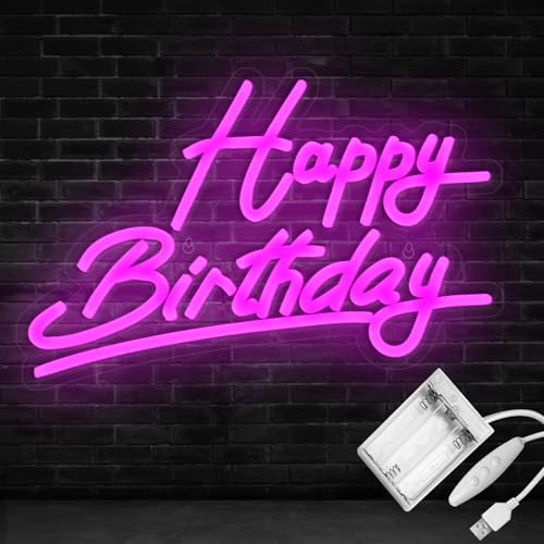 Rosa Happy Birthday Neon Schild, Batteriebetrieben, USB-betriebene Neon Sign für Wanddekoration, einstellbare Helligkeit, „Happy Birthday“-Leuchtreklamen (38 x 25 cm) von Ginsso