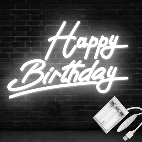 Ginsso Weiß Happy Birthday Neon Schild, Batteriebetrieben, USB-betriebene Neon Sign für Wanddekoration, einstellbare Helligkeit, „Happy Birthday“-Leuchtreklamen (38 x 25 cm) von Ginsso