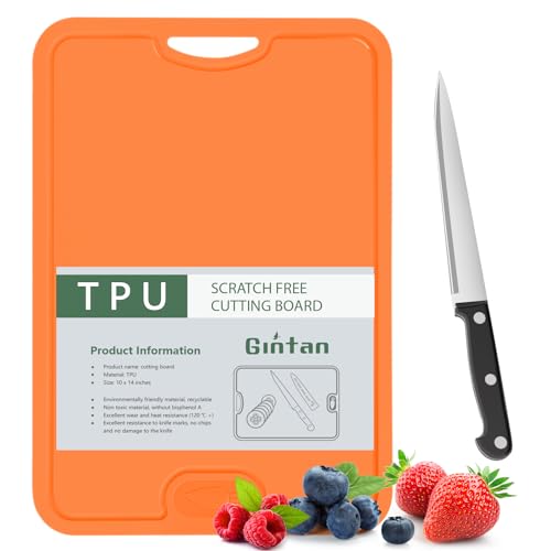 Gintan Flexibles TPU Schneidebrett, BPA-frei, mit Messer- und Saftrille, kratzfeste flexible Schneidebretter für die Küche, spülmaschinenfest, griffiger Griff, rutschfest (Orange) von Gintan