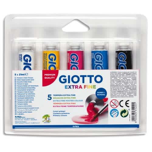 Packung mit 5 Tuben Gouache, extra feine Farbe, 21 ml, verschiedene Primärfarben von GIOTTO