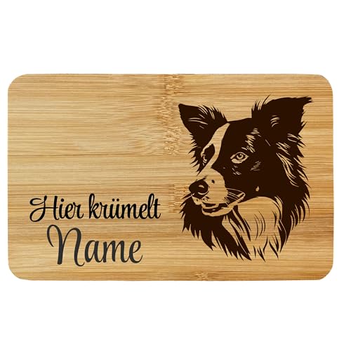 Frühstücksbrett Brettchen Bambus Holz Lasergravur Border Collie Hund hier krümelt Personalisiert mit Wunschname von Girahlutions