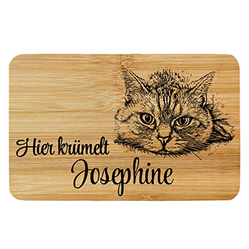 Frühstücksbrettchen Brettchen Bambus Holz Katze (#2) mit Lasergravur "Hier krümelt_" mit Wunschname Personalisiert von Girahlutions