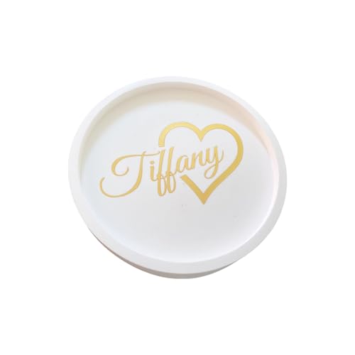 Runder Untersetzer aus Keramik Weiß versiegelt mit Name in Roségold Gold Personalisiert Deko Geschenkidee Handarbeit von Girahlutions