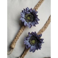 4.7" Herbst Blau Sonnenblumen Vorhang Tiebacks Mit Stem, Bauernhaus, Shabby Chic Dekor, Fenstervorhang, Jute Twine Seil Krawatten, Paar | 2 von Girazul