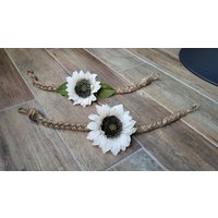 4.7" Herbst Weiße Sonnenblumen Vorhang Krawatte Mit Stem, Bauernhaus, Shabby Chic Dekor, Fenstervorhang, Jute Twine Seil Tiebacks, Paar | 2 von Girazul