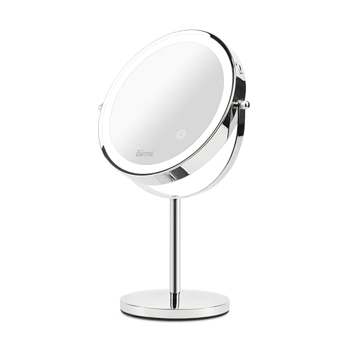Girmi BE02 Schminkspiegel mit LED-Licht, Lupe mit 1x/3-facher Vergrößerung, Beleuchtung in 3 Farben, wiederaufladbar mit Doppelspiegel, 360° drehbar und Touch-Taste, Chrom von Girmi