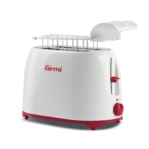Girmi TP10 Toaster, 750 W, Edelstahlzangen, 7 Bräunungsstufen, Krümelschublade, Automatische Abschaltung, Weiß/Rot. von Girmi
