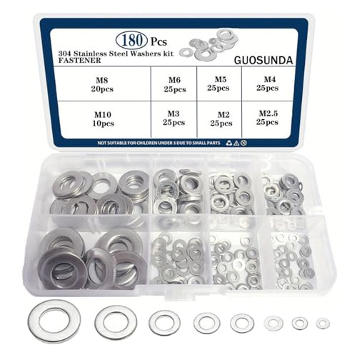 Flachwaschmaschinen 180pcs 8 Größen Flachwaschmaschinen Sortimentset 304 Edelstahl Sortioned Hardware Waschmaschinen Sortiment Kit Kit von Gissroys
