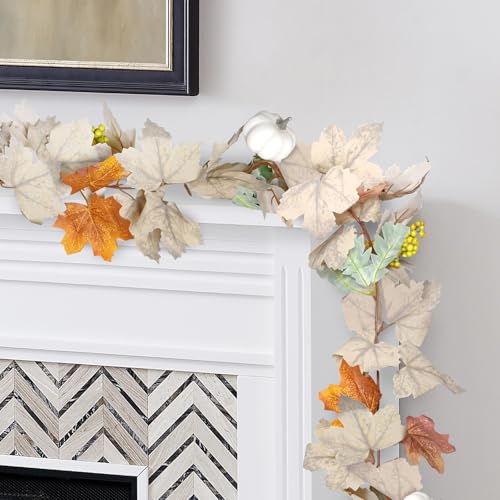 Herbstgirlande mit Kürbissen und Beeren - 1,8 m künstliche Ahornblattgirlande mit cremefarbenen und orangefarbenen Blättern für Thanksgiving, Kamin, Haustür, Bauernhaus-Herbstdekorationen von Gistome