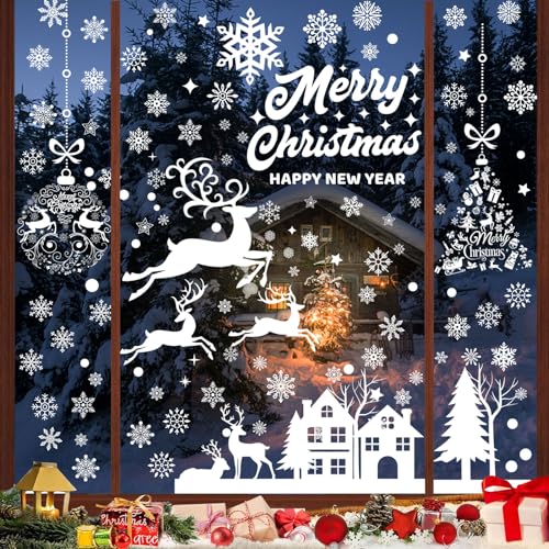 169 Stk Fensterbilder Weihnachten Selbstklebend, PVC Schneeflocken Fensterdeko, Weiß Fensterdeko Weihnachten Wiederverwendbar,Fenstersticker Weihnachten mit Häuser für Winter Fenster Weihnachten deko von Giugio