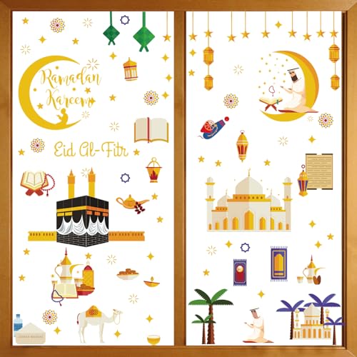 196 Stück Ramadan Fensteraufkleber, Stern Halbmond Laterne Aufkleber Fenstersticker, Eid Mubarak Fenster Aufkleber, Muslimische Fenstersticker Selbstklebend Sticker, Ramadan Deko für Zuhause(A) von Giugio