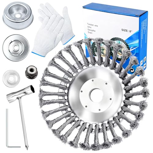 Profi Unkrautbürste für Freischneider mit 25,4mm Bohrung, Unkrautbürste für Rasentrimmer, Wildkrautbürste für Motorsense Rasentrimmer, Drahtbürste Freischneider Inkl. Installationszubehör (8 Zoll) von Giugio