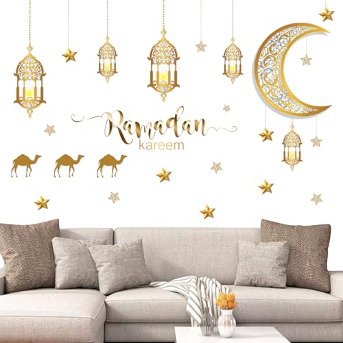 Ramadan Aufkleber Wanddekoration, Aufkleber Dekoration für Wand Ramadan, Gold Mond Stern Islamische Wanddekor-Aufkleber, 3D Wasserdicht DIY Wandaufkleber für Muslimische Partys Fensteraufkleber (C) von Giugio