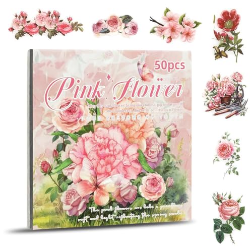 Giuneuow Blumenaufkleber, Scrapbooking-Zubehör für Junk Journals für Erwachsene, 50 Blatt, Transparente Aufkleber und Materialpapier, Rosa Giuneuow Blumenaufkleber, Scrapbooking-Zubehör für Junk Journals für Erwachsene, 50 Blatt, Transparente Aufkleber und Materialpapier, Rosa von Giuneuow