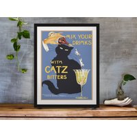 Gerahmt 11x14 Vintage Black Catz Bitters Kunstdruck Katze Mit Schnapsmischgetränken von GiuseeArtPrints