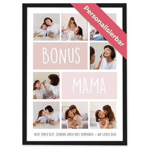 GiveSmiles BONUS MAMA Fotocollage mit 8 Fotos – Personalisiertes Geschenk mit eigenem Text | Muttertagsgeschenk für Stiefmutter | Bonus Mama Fotogeschenke & personalisierte Geschenke with Liebe von GiveSmiles