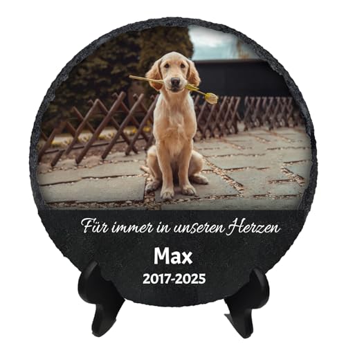 Givelle Personalisierter Gedenkstein für Haustiere, Schieferplakette mit Fotohalter und Ständer, Rund, 10/15/20 cm Givelle Personalisierter Gedenkstein für Haustiere, Schieferplakette mit Fotohalter und Ständer, Rund, 10/15/20 cm von Givelle