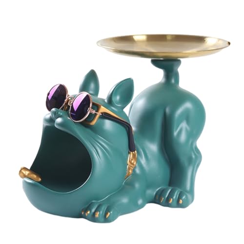 Giwnhvx Coole Bulldoggen-Butler aus Kunstharz, mit Tablett für Schlüsselhalter, Aufbewahrung, Schmuck, Tierzimmer, Heimdekoration, Statue, Grün, 16 x 20 x 16 cm von Giwnhvx