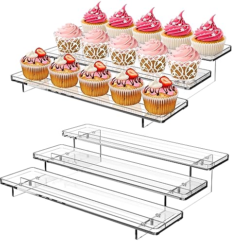 Giyiprpi 2 Pack 3-stufige Acrylständer für Displays, 12 Inch Clear Display Stand Risers Regal für Cupcakes Parfums Figurines, Tisch-Cupcake-Ständer zum Dekorieren und Organisieren (11,8 "x 9,4 "x 3") von Giyiprpi